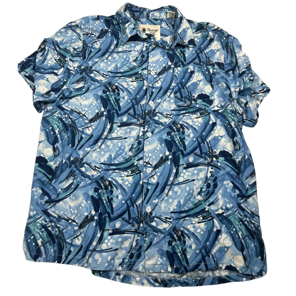 Vintage Men's Silk Shirt XXL Blue Abstract Print Short Sleeve Button Up